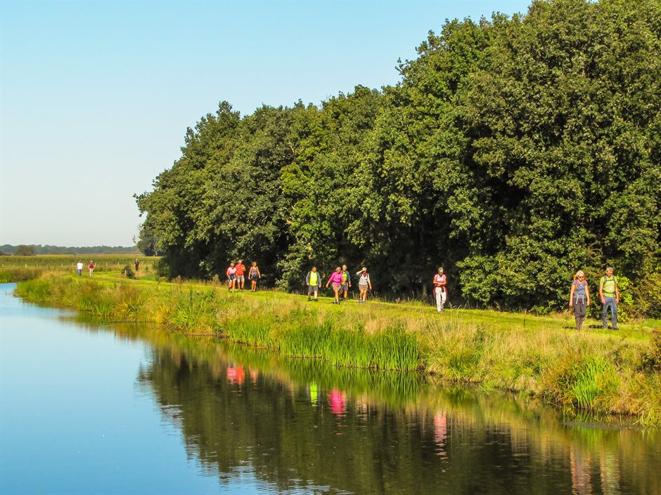 wandelaars lopen op een zonnige dag in een rij langs de beek.