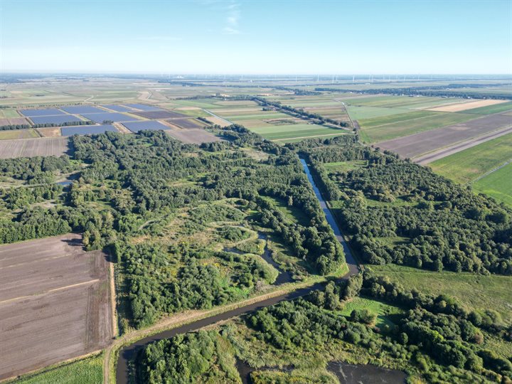 Dronefoto van Boermastreek met rechte beek, landbouwgrond en bos